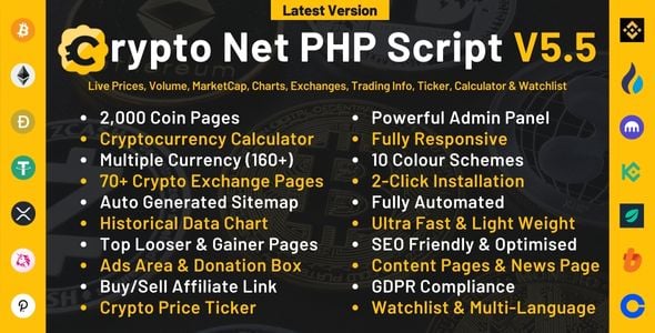 Crypto Net - CoinMarketCap, Prices, Chart, Exchanges, Crypto Tracker, Calculator & Ticker PHP Script